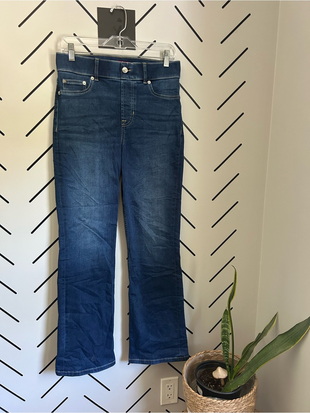 Spanx jeanish dark wash stretchy high waisted mini flare jeans TALL length